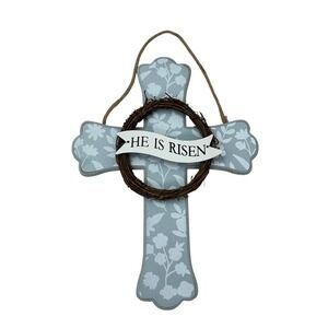 Kirklands Home He Is Risen Floral Wall Cross Blue Wood Wreath Easter Decor 14.5"